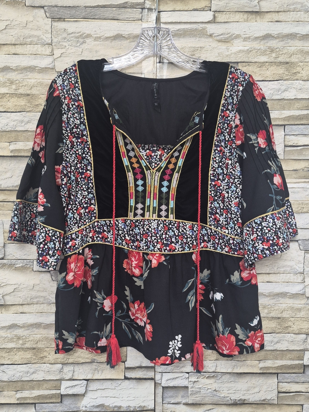 BAN.JARA Boho Peasant Blouse Womens M Black Floral Velvet Embroidery Tassel Fest